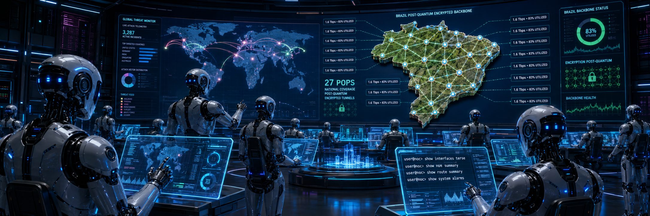 NOC futurista monitorando backbone nacional com criptografia pós-quântica